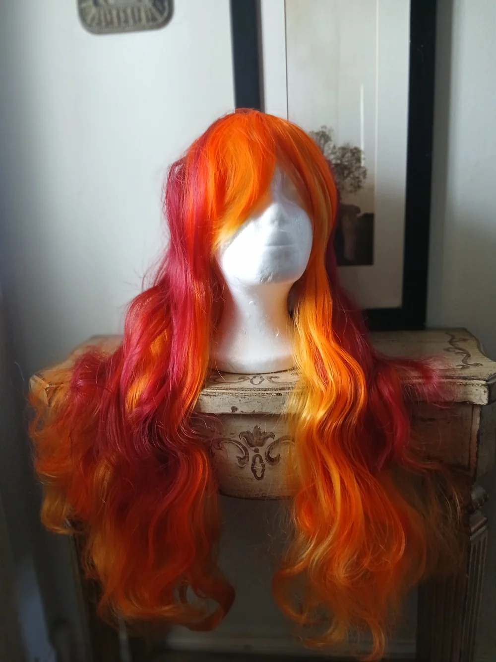 Source Unknown Red and Orange Ombre Long Wavy Wig